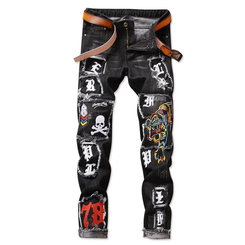 Punk New Fashion Men's Jeans Pants Washed Ripped Distressed Denim Trousers for Men Skull Tiger Embroidery Size 29-38