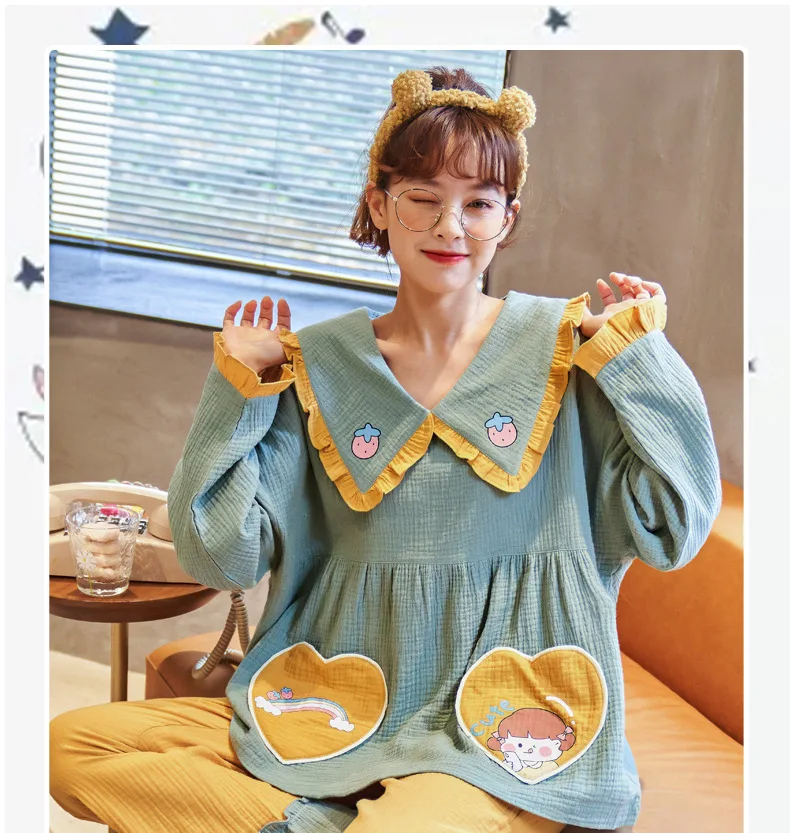 

Harajpee Women Pajama 2021 Spring Autumn Japanese Sweet Kawaii Style Doll Collar Cute Love Double Pocket Design Home Wear Suits