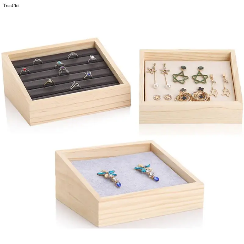 

Jewelry Tray Plate Velvet Ring Earring Bangle Pendant Bracelets Display Plate Nature Wood with Leather Fabric Tabletop Organizer