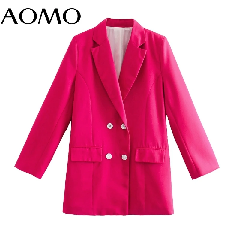 

AOMO Women 2021 Fashion Hotpink Blazer Coat Vintage Double Breasted Long Sleeve Female Outerwear Chic Tops 8Y179A