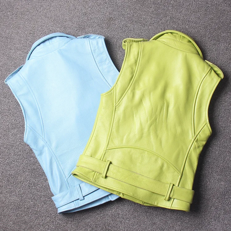 

fashion genuine women's leather jacket sleeveless motorcycle leather vest women with belt green blue leather jacket lady
