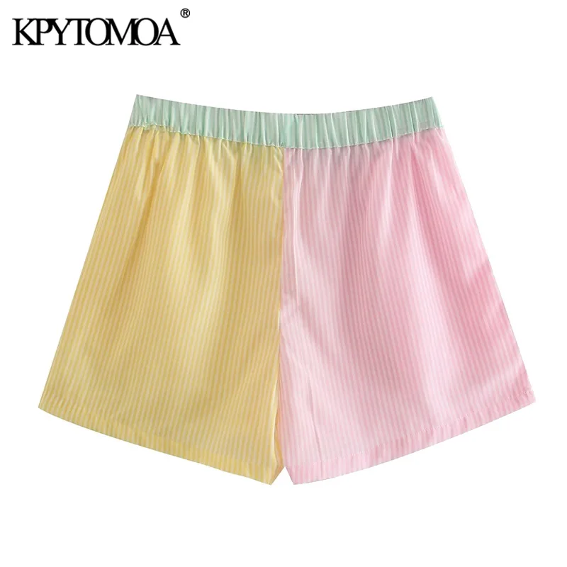 

KPYTOMOA Women Fashion Patchwork Color Striped Shorts Vintage High Elastic Waist Side Pockets Female Short Trousers Mujer