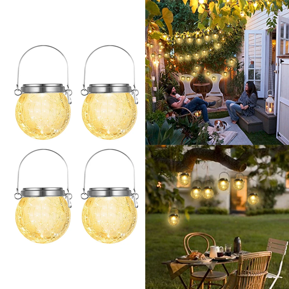 

4pcs LED Solar Lamp Cracked Glass Ball Hanging Light Waterproof Fairy Lantern Garden Outdoor Yard Art Festival Decoration