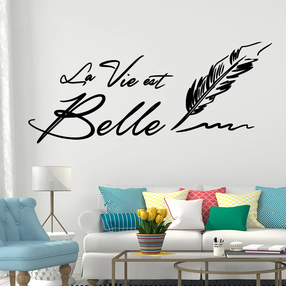 

Wall Stickers La Vie Est Belle French Quotes Decals Feather Poster Removable Vinyl Bedroom Livingroom Decoration Mural RU2377