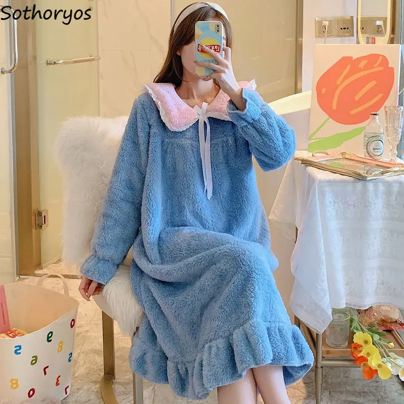 

Sweet Long Sleeve Nightgowns Women Midi Thicken Thermal Plush Classic Princess Ruffles Nightdress Female Simple All Match Lounge