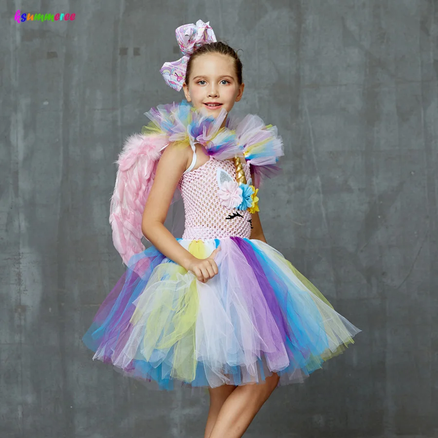 Girls Unicorn Tutu Dress with Bows and Wings Kids Party Flower Pageant Princess Children Fancy Ball Gowns | Детская одежда и обувь