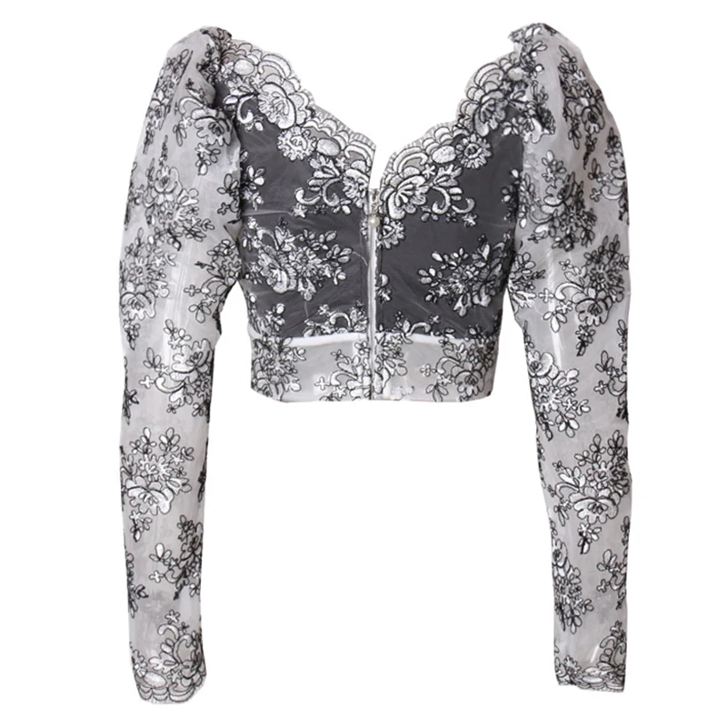 Укороченная женская блузка с вышивкой и сеткой сексуальные короткие кружевные