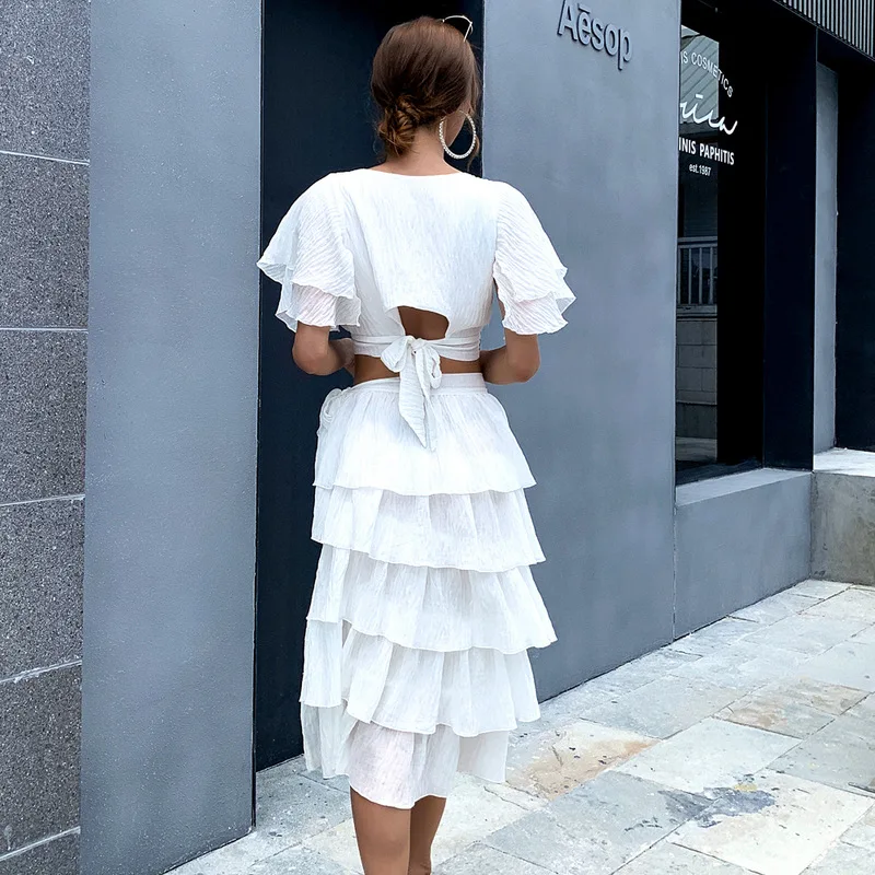 

2021 Summer Fashion Sexy Suit Women Short Ruffle Sleeve Deep V Top+Chiffon High Waist Slit Midi Cake Dress Two-Piece Set