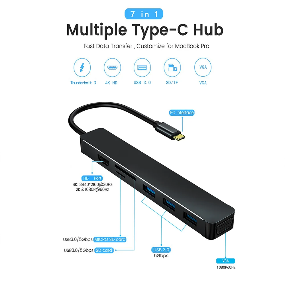 

7 в 1 Тип C концентратор USB кабель-Переходник USB C на VGA/HDMI-Совместимость с 3 портами (стандарт 3,0 Порты SD/TF Card Reader устройство чтения карт USB C адапт...