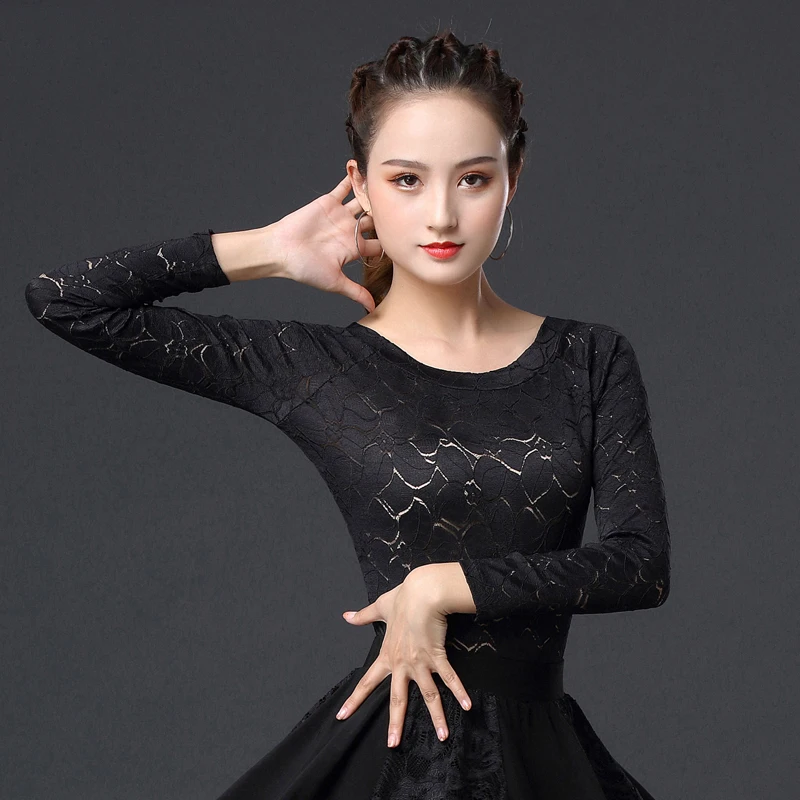 

New Latin Dance Shirts Female Adult Round Neck Long Sleeve Tops Cha Cha Rumba Tango Dancing Practice Performance Wear DNV12802