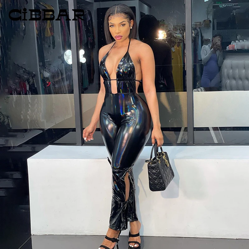 

Сексуальный женский комбинезон CIBBAR из искусственной кожи без бретелек с глубоким V-образным вырезом без рукавов, бандажный комбинезон для у...