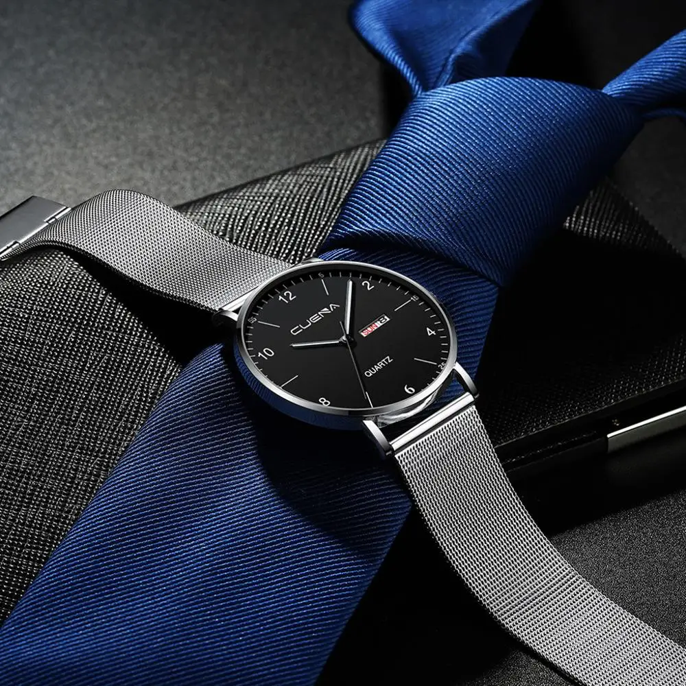 CUENA Fashion Simple Watch Men'S Stainless Steel Magnetic Net With Calendar Casual Quartz Wrist Clock | Наручные часы