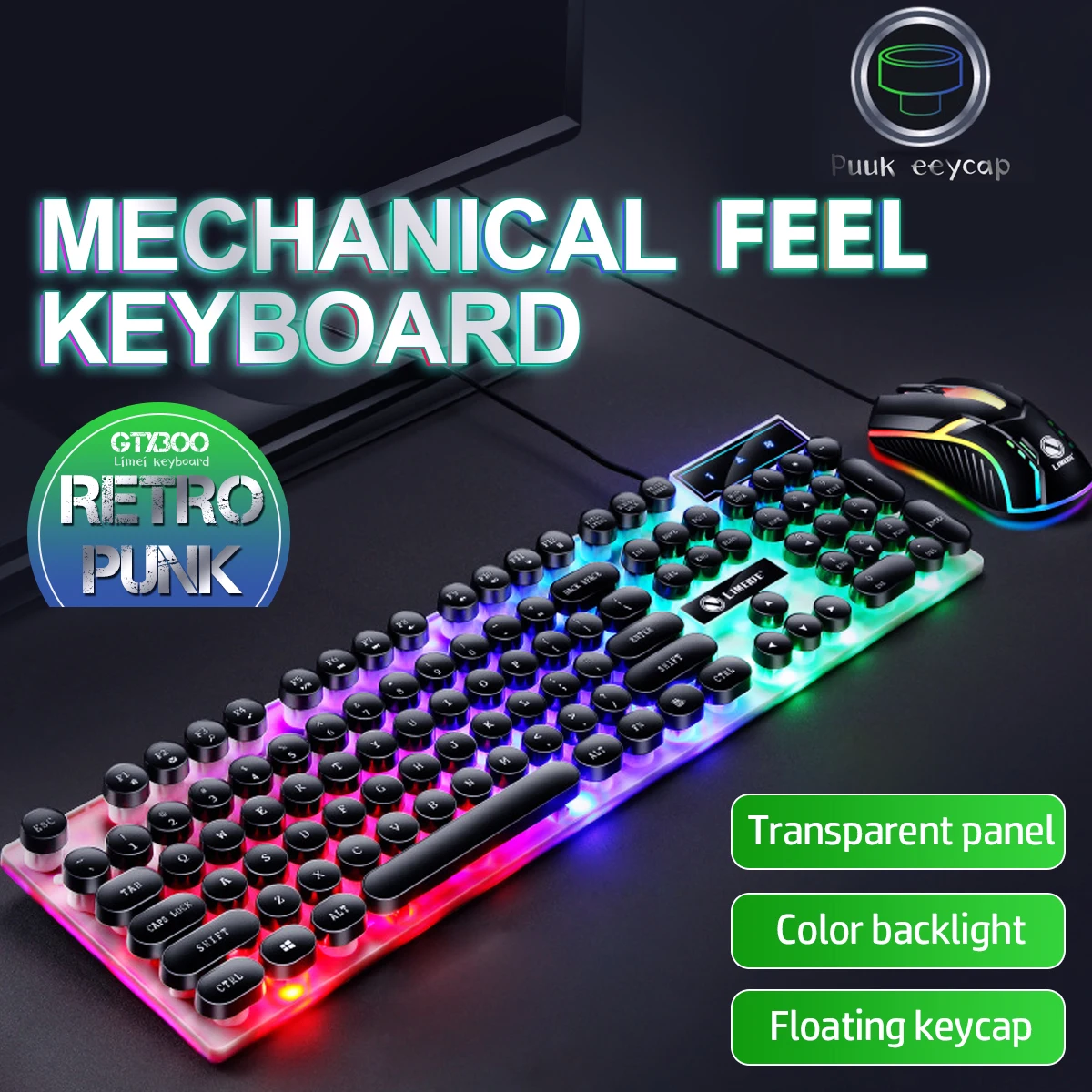 

ANMONE Gamer Mechanical Feel Keyboard 104 Keys Retro Gtx300 Punk Round Keycap Backlit LED Keyboards For Gamers PC Laptop Notbook