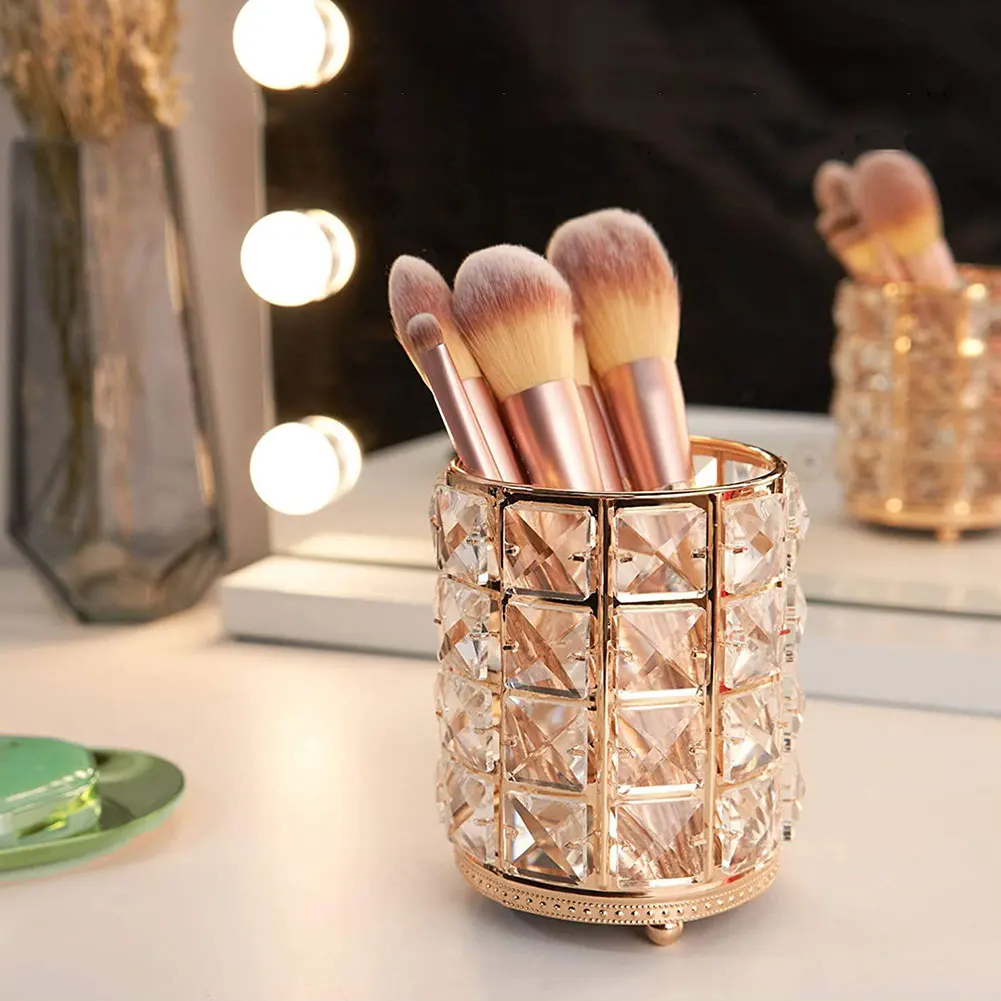 

Makeup Organizer Cosmetic Brushes Storage Box Crystal Cosmetic Brush Holder Metal Storage Container Beauty Makeup Tool Organizer