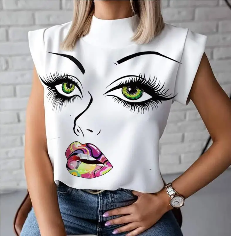 

Women Elegant Lips Print blouse shirts 2020 Summer Casual Stand Neck Pullovers tops Ladies Fashion cute Eye Short Sleeve Blusa