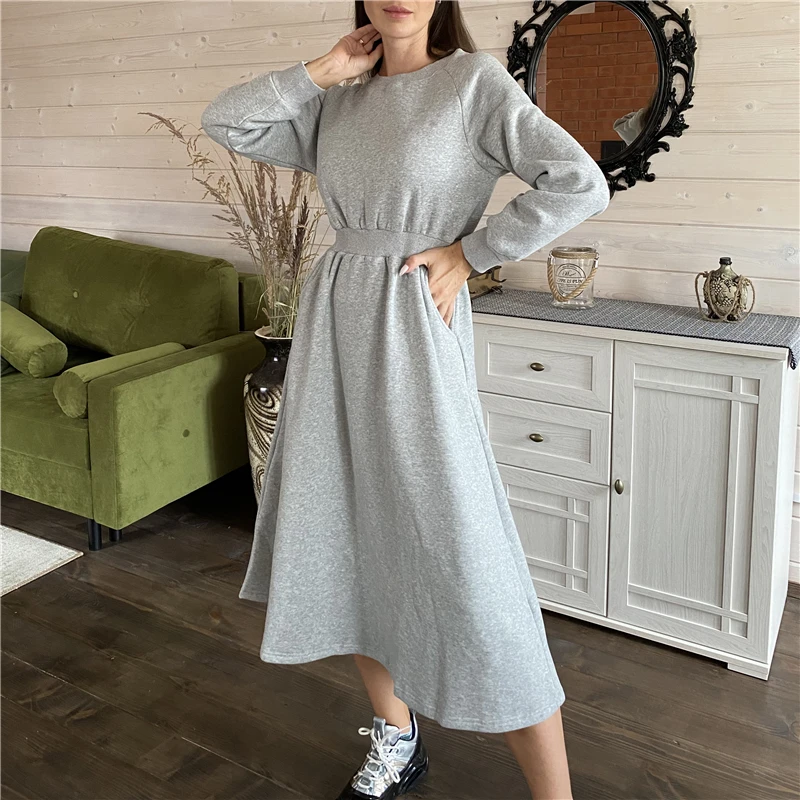 

FAKUNTN New 2021 Winter Spring Women Dresses Thicken High Elastic Waist Casual Long Minimalist Pockets Wild Warm Dress DR1248