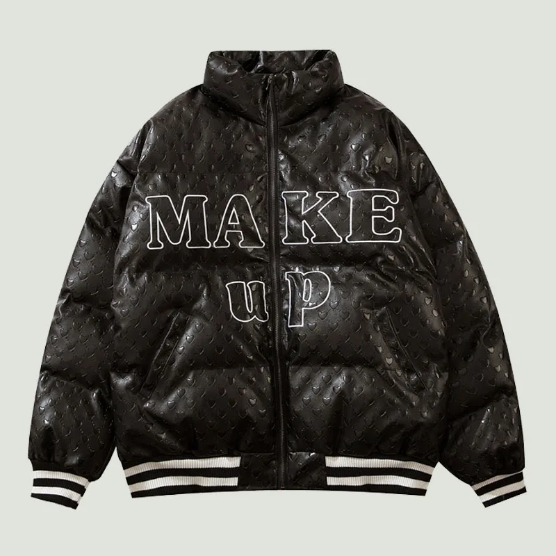 Harajuku Letter Embroidery PU Leather Parkas Jackets Mens Hip Hop Streetwear Vintage Oversized Winter Padded Warm Coats Unisex
