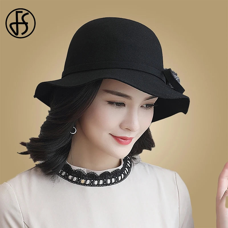 FS шерстяная фетровая шляпа в стиле ретро для женщин зимняя котелок с цветочным