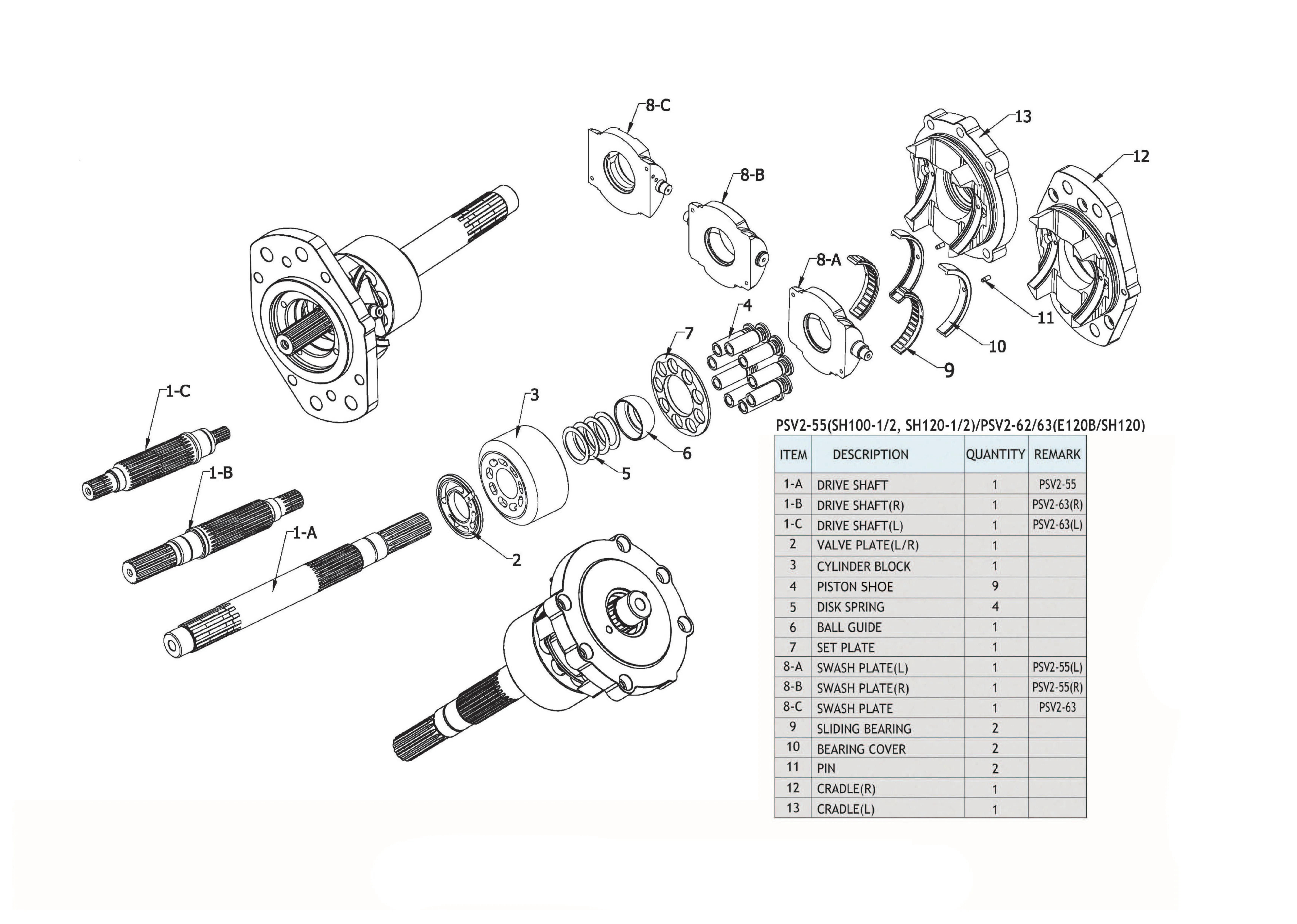 

Hydraulic Pump Kits Piston Pump parts Inner Spare Parts Repair kits For PSV2-55 PSV2-62 PSV2-63