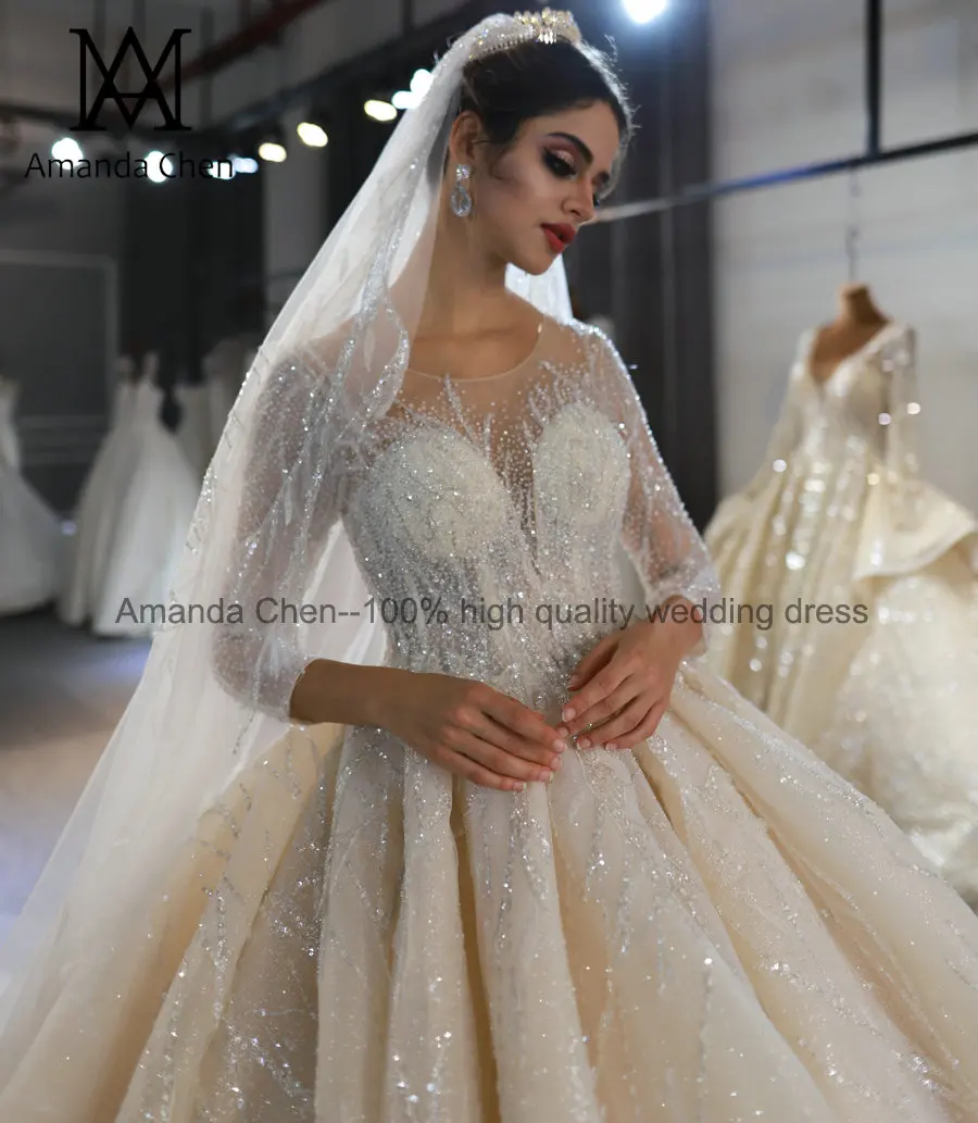 Высококачественное свадебное платье с длинным рукавом и блестящими бусинами со