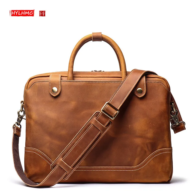 New Genuine Leather Men's Handbags Portable Briefcase 15.6-inch Laptop Bag Cowhide Men Shoulder Cross Bag Casual Retro Business