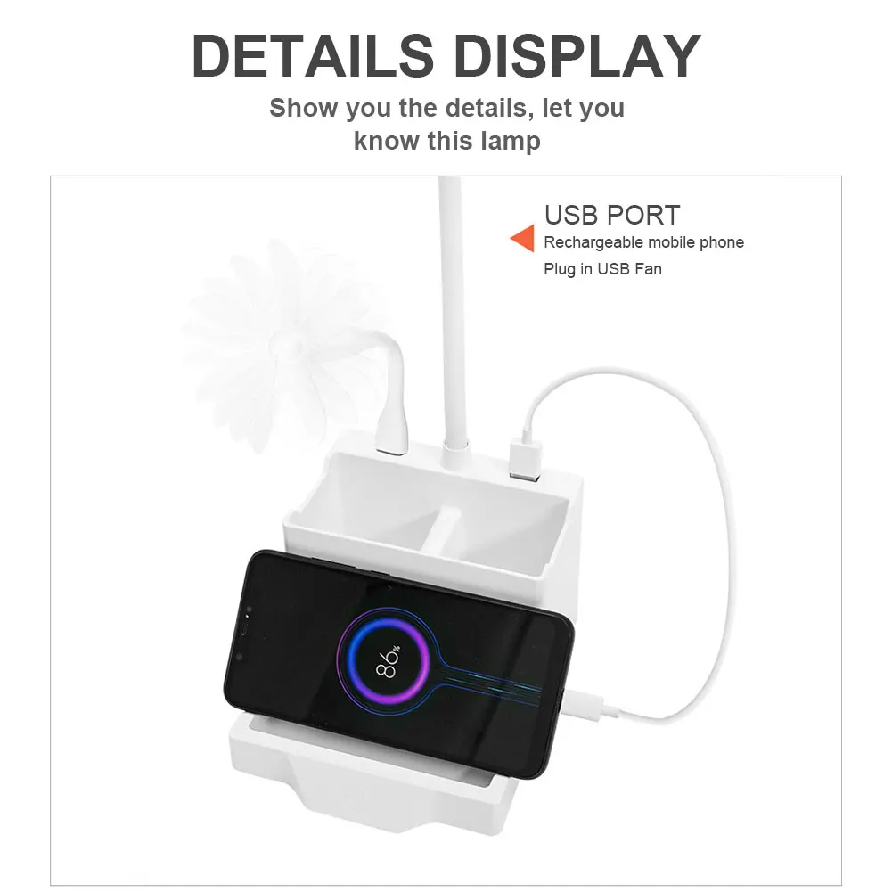 

360 Degree Flexible Mirror Design Study USB Rechargeable Dorm Reading LED Desk Lamp Dimmable With Pen Holder Bedroom White