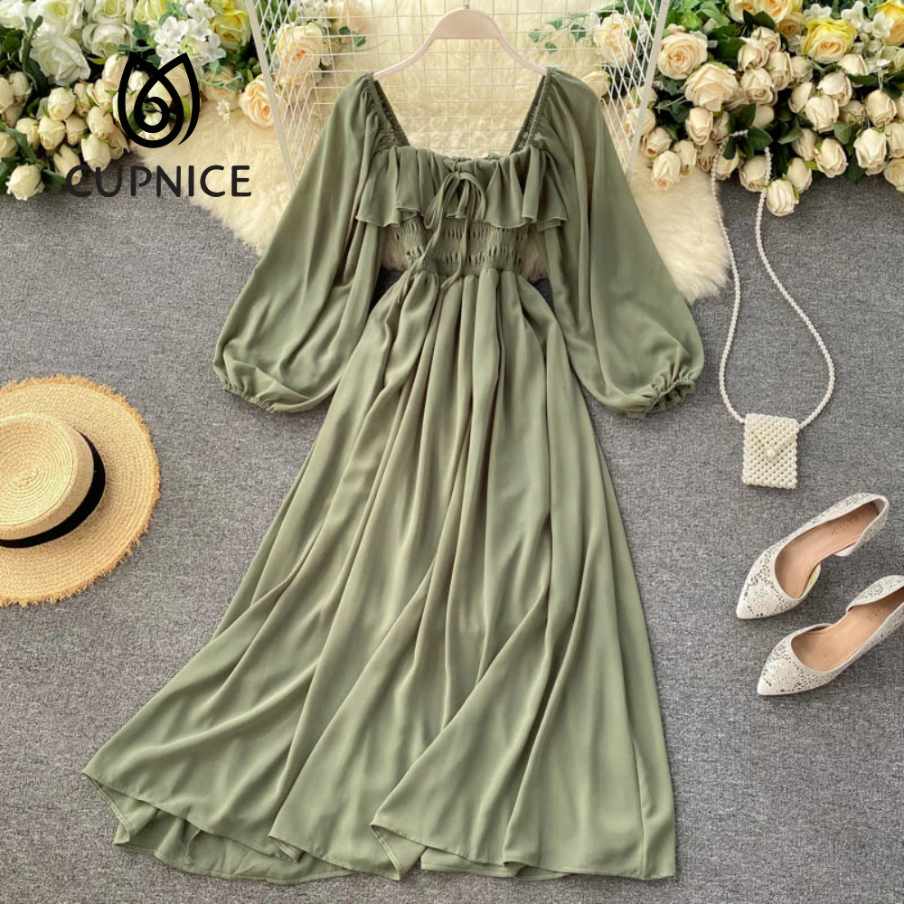 

CUPNICE Chic Elegant Square Collar Maxi Women Solid Chiffon Puff Sleeve Dresses 2021 Korean Fashion Vintage Ruffle A-Line Soft