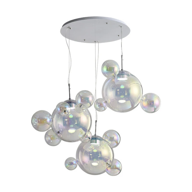 

Modern minimalist art design bubble colorful glass ball chandelier bedroom living room decoration LED chrome iron pendant lamp