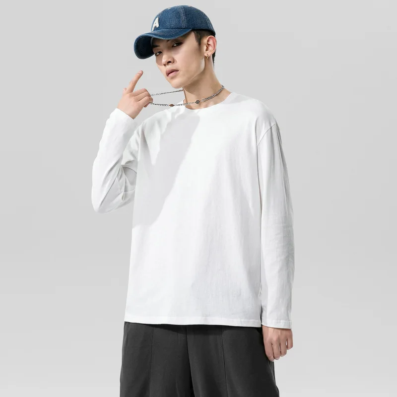

LJ1 ong sleeve t-shirt men's autumn men's clothing trend pure cotton bottomed Shirt Top Men's round neck large loose T-shirt for