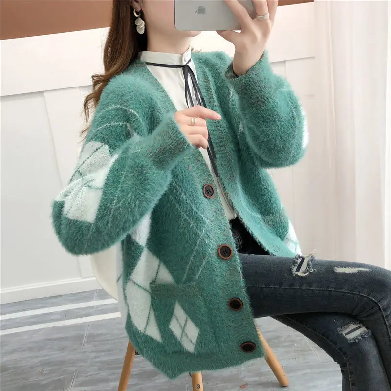 

Women Knitted Cardigan Autumn Winter Loose Single-breasted Sweater Coat Imitation Mink Cashmere Jacket Femme Mujer Sueter X316