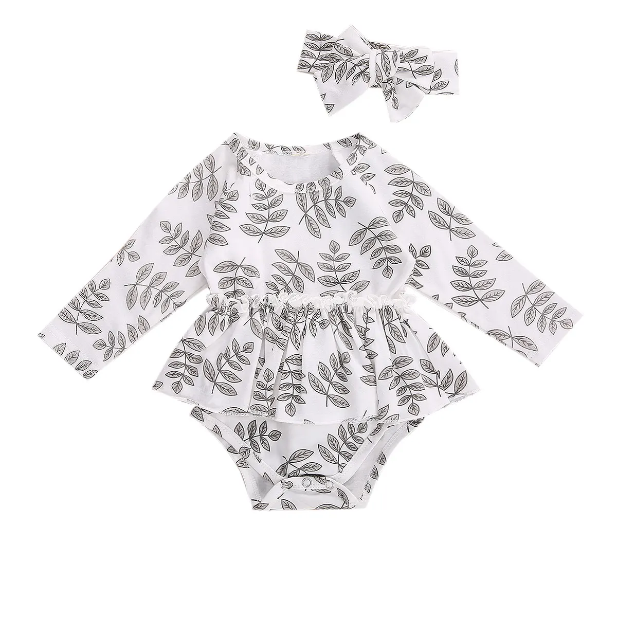 

Infant Girl 0-18M Long Sleeve Romper+Hairband Leaf Print Classic Round Neck High Elastic Spring Clothing