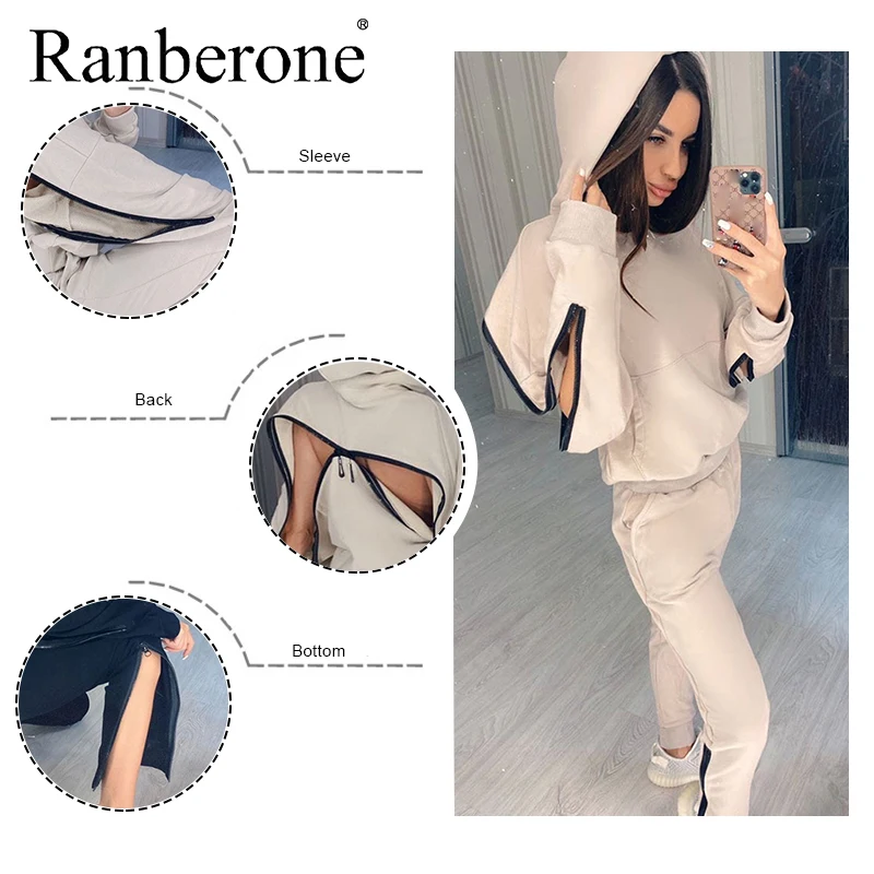 Two Piece Outfits Tracksuit Wives Sexy Back Zipper Hoodies Sweatshirt And Pocket Sweatpants Women Sport Suit Solid Sportswear
