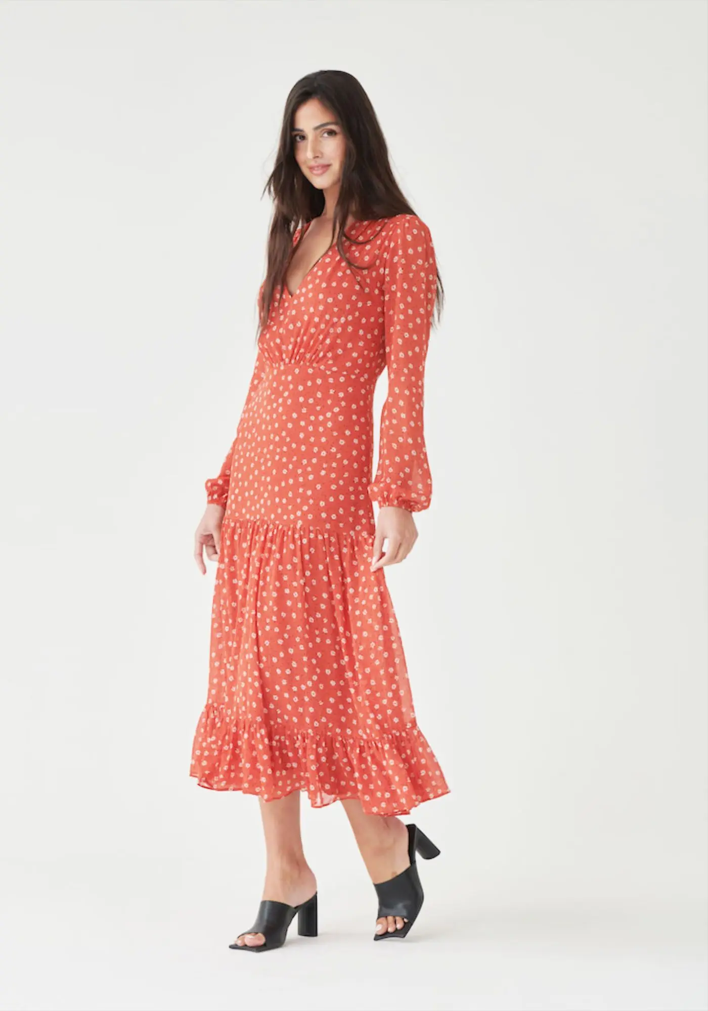 

Holiwind 2022 Long Sleeve Tiered Midi Dress in Rust Ditsy stylish tiered midi dress V-neckline Tiered style