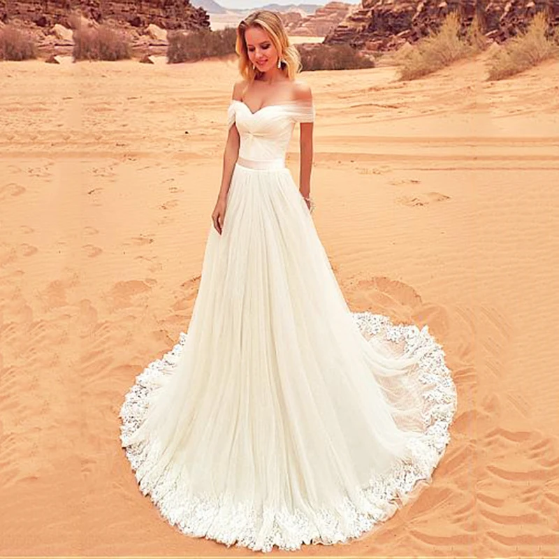 

Bridal Dress 2020 Off The Shoulder A line Ivory Lace Appliques Vintage Wedding Dress With Belt Boho Wedding Gowns