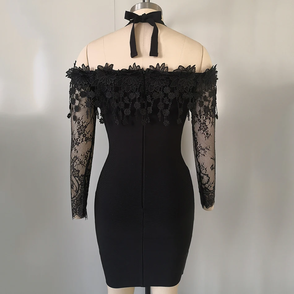 

2021 New Summer Lace Off Shoulder Bandage Dress Women Sexy Long Sleeve Black Club Celebrity Runway Party Dresses Vestidos