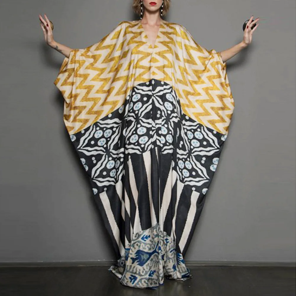 

Women Long Dress Muslim Robe Bat Sleeve Dubai Mid East Turkey Abayas Caftan Ramadan Vestidos Largos Femme Print Women Elegant