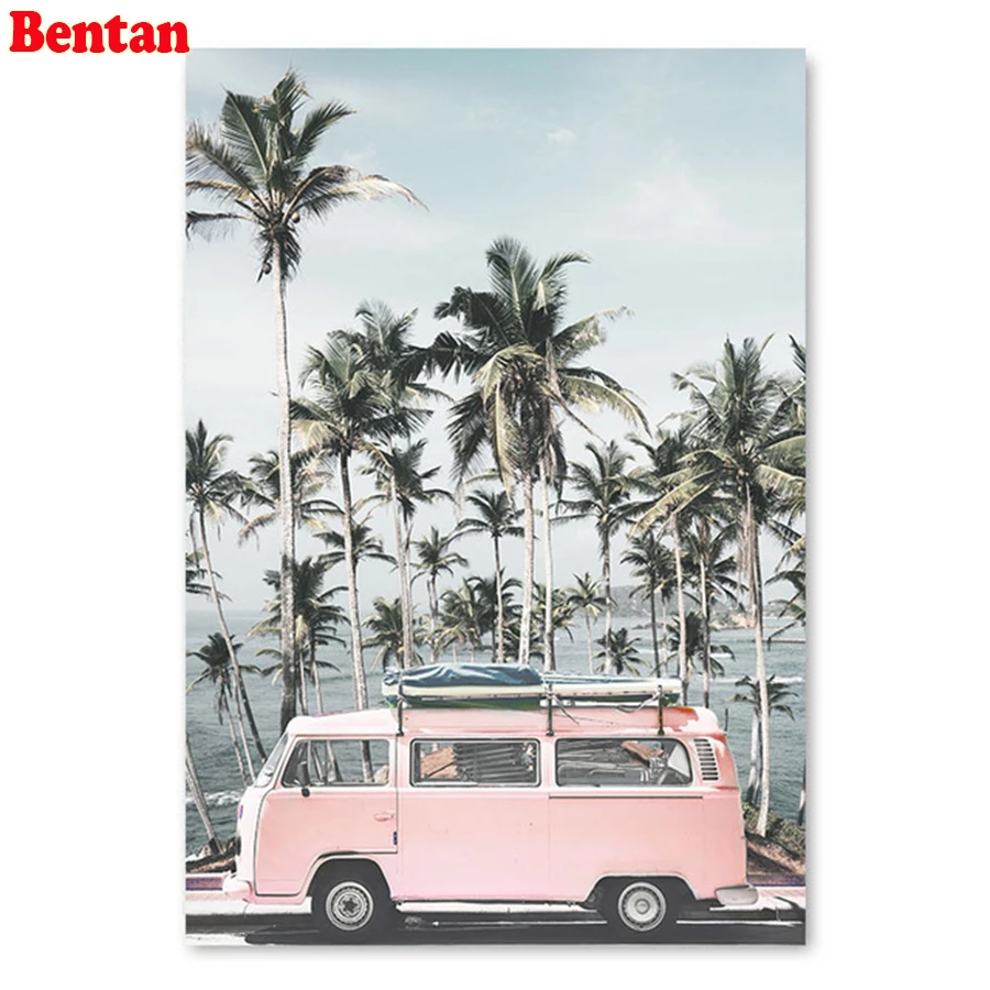 

Ocean landscape full drill round square Diamond Embroidery nordic beach pink bus 5d Diy diamond painting kits Diamond Mosaic
