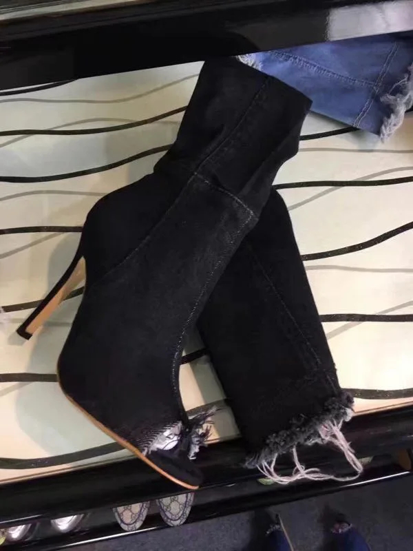 

2020 high heel long tube denim cool boots slim heel fish mouth knee wash elastic boots large
