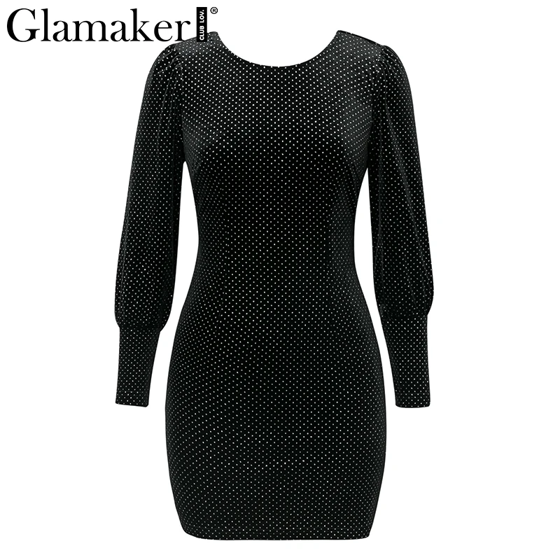 Черный Glamaker, бархатное Черное мини-платье в горошек, Осеннее, с длинным рукавом, с открытой спиной, короткое, элегантное, женское, вечерние, Клубное, женское, облегающее платье - Цвет: Черный