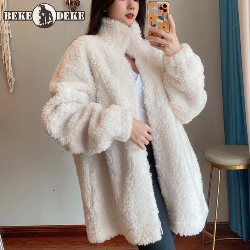 

Casual Wool Cashmere Coat Women Stand Collar Lamb Wool Long Jacket Zipper Fashion Winter Real Fur Korean Style Female Outerwear
