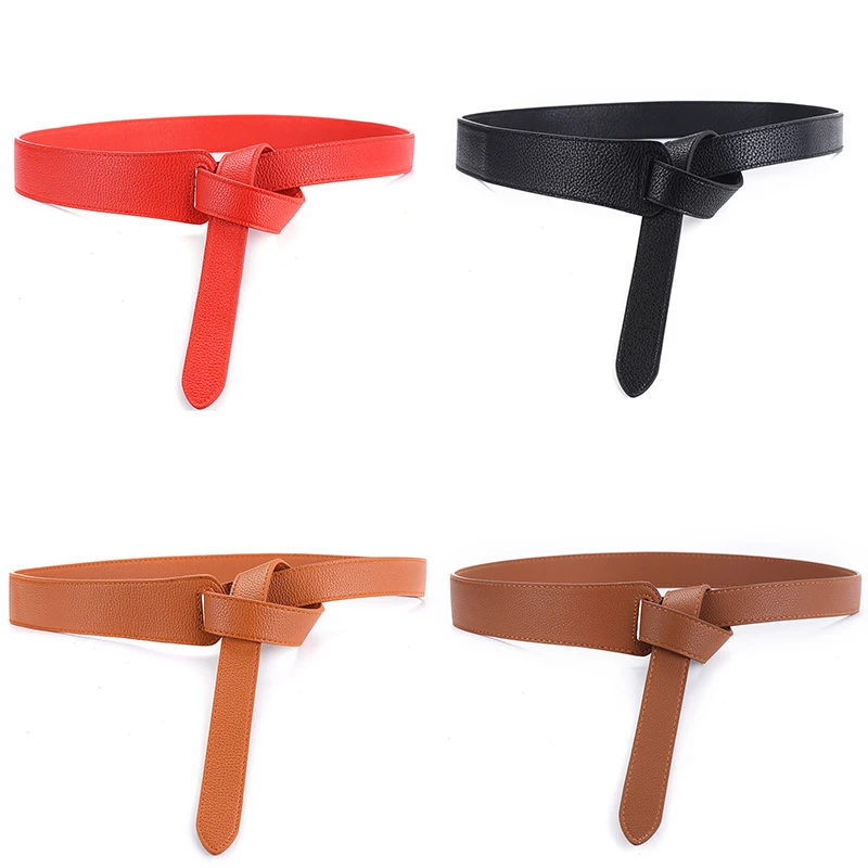 Однотонный тонкий декоративный ремень из искусственной кожи с узелком длинный