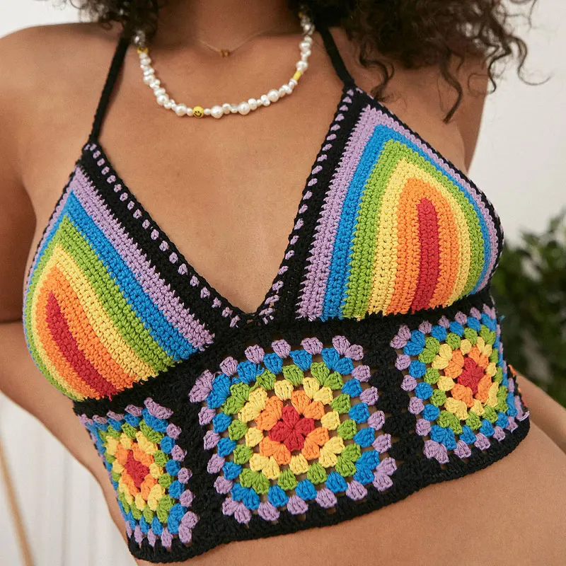 

Colorful Striped Knitted Cami Top Women Summer Beach Boho Sexy Backless Camis Strap Top 90s Vintage Y2k Crop Tops Fashion 2021