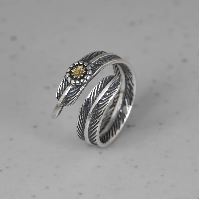 

Vintage Thai Silver Craft Silver Ring for Women Open Adjustable Feather Ring 925 Sterling Silver Jewelry