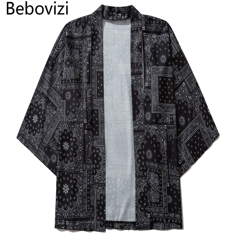 

Bebovizi Black Cashew Flowers Print Kimono Men Women Harajuku Japanese Style Traditional Cardigan Yukata Streetwear Haori Obi