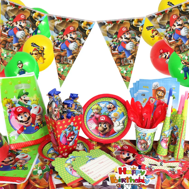

Украшения для вечеринки в честь Дня рождения в стиле Super Mario, одноразовая посуда в стиле Марио, скатерть, тарелки, чашка, наборы для детской ве...