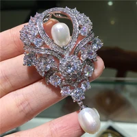 high grade microscope zircon noble court white natural freshwater pearl brooch fashion jewelry