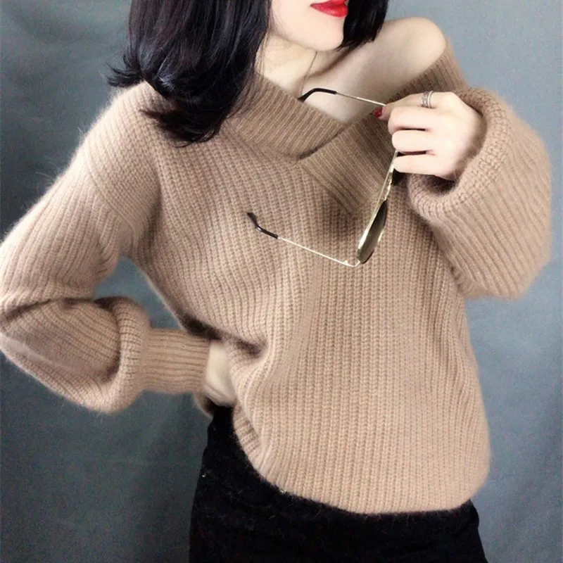 Loose Casual Lantern Sleeve Mohair Thicken Sweater Women Fashion Trend Simple V-neck Solid Color Pullover Sweater