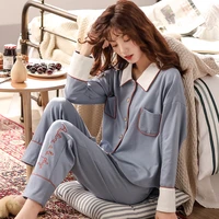 autumn 100 cotton pajamas for women 2020 fashion winter pijamas femme 2pcs blue sleepwear for ladies pj 100 cotton pyjamas