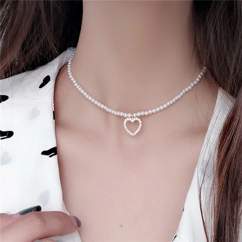 

Cute Heart Chain Rhinestone Choker Pearl Necklace For Women Collar Goth Necklace Aesthetic Jewellery Valentines Girl Party Gift