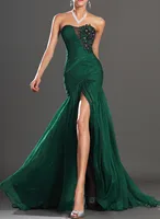 Real Photo Dark Green Mermaid Silk like Chiffon Bridesmaid Dress Wedding Party Dress